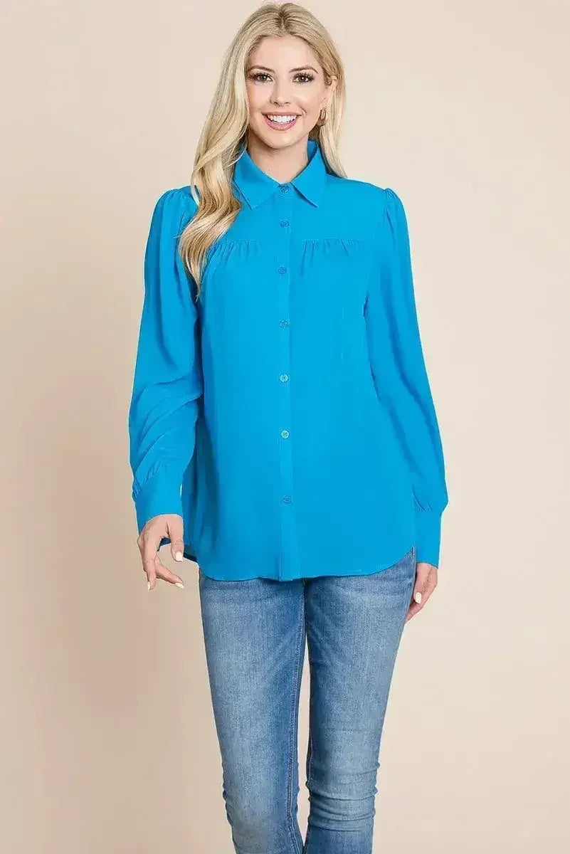 Collared Long Sleeve Pleated Detail Blouse Tops | Femstylo - SJB-DIAMOND ELITES