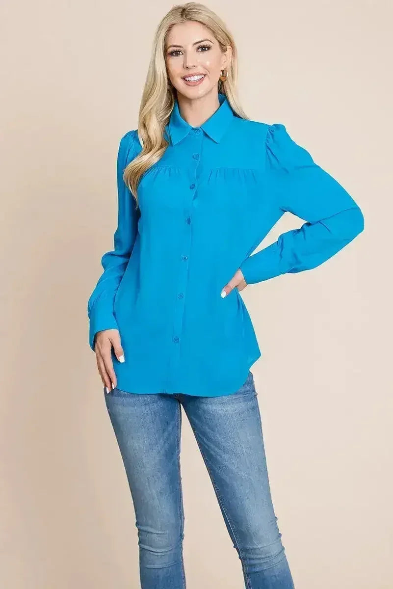 Collared Long Sleeve Pleated Detail Blouse Tops | Femstylo - SJB-DIAMOND ELITES