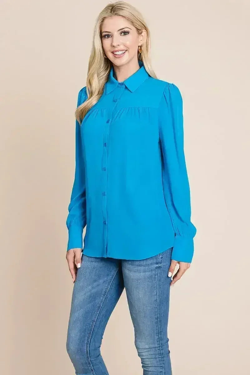 Collared Long Sleeve Pleated Detail Blouse Tops | Femstylo - SJB-DIAMOND ELITES