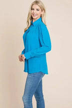 Collared Long Sleeve Pleated Detail Blouse Tops | Femstylo - SJB-DIAMOND ELITES
