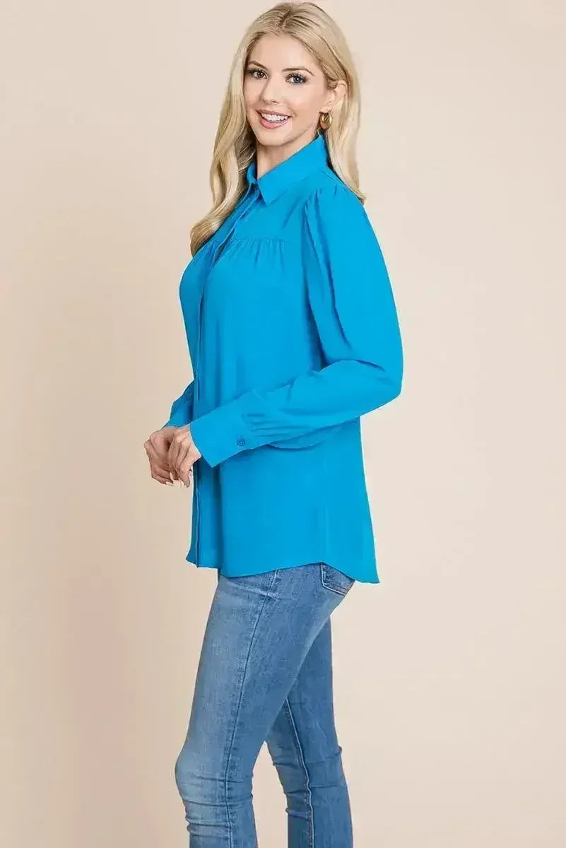 Collared Long Sleeve Pleated Detail Blouse Tops | Femstylo - SJB-DIAMOND ELITES