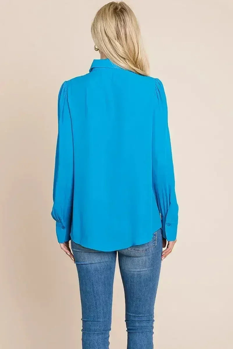 Collared Long Sleeve Pleated Detail Blouse Tops | Femstylo - SJB-DIAMOND ELITES