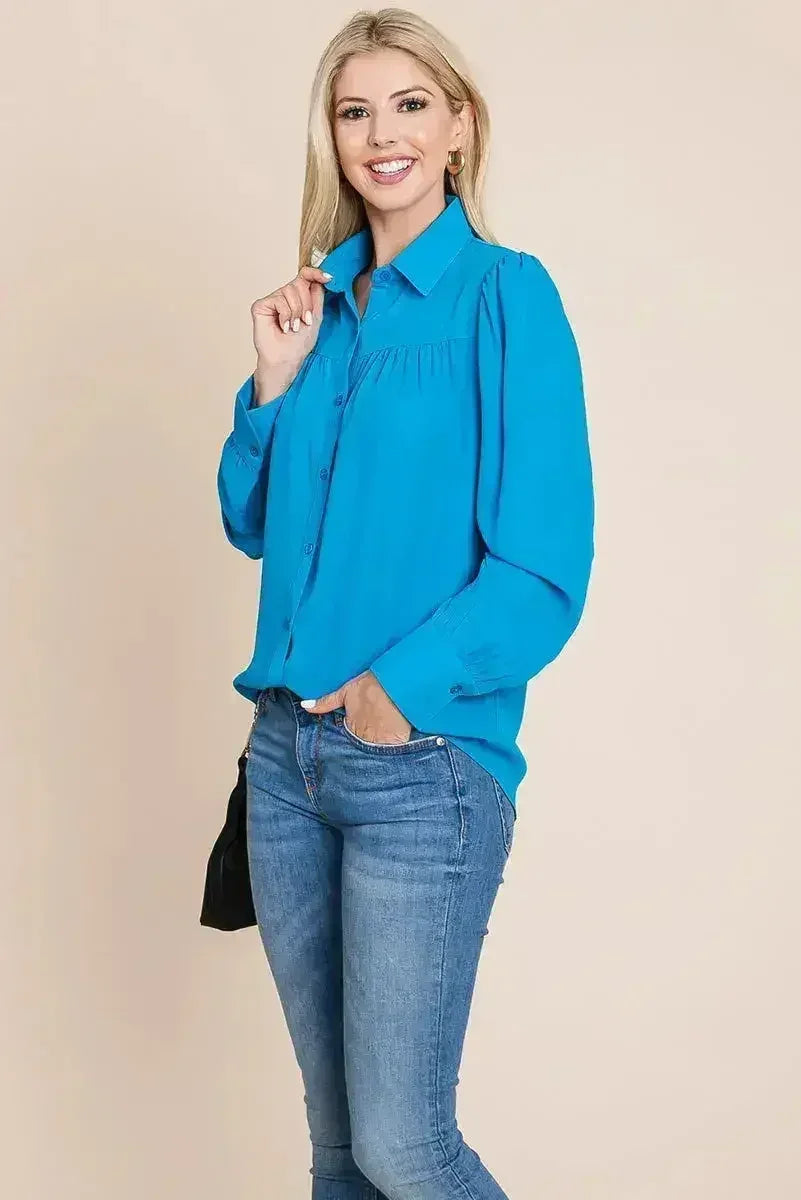 Collared Long Sleeve Pleated Detail Blouse Tops | Femstylo - SJB-DIAMOND ELITES