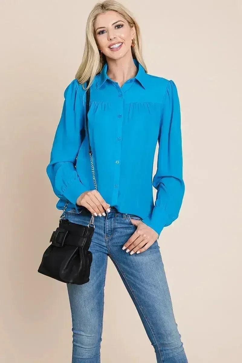 Collared Long Sleeve Pleated Detail Blouse Tops | Femstylo - SJB-DIAMOND ELITES