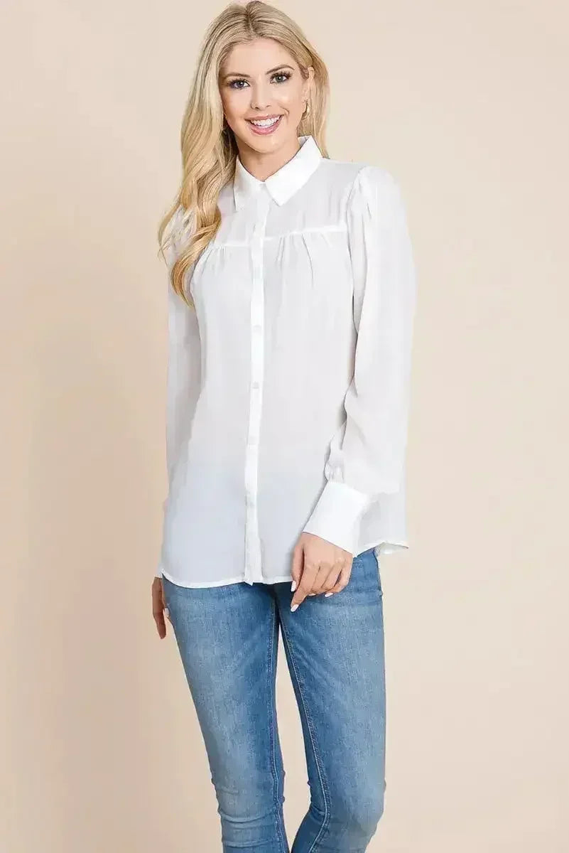 Collared Long Sleeve Pleated Detail Blouse Tops | Femstylo - SJB-DIAMOND ELITES