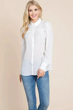 Collared Long Sleeve Pleated Detail Blouse Tops | Femstylo - SJB-DIAMOND ELITES
