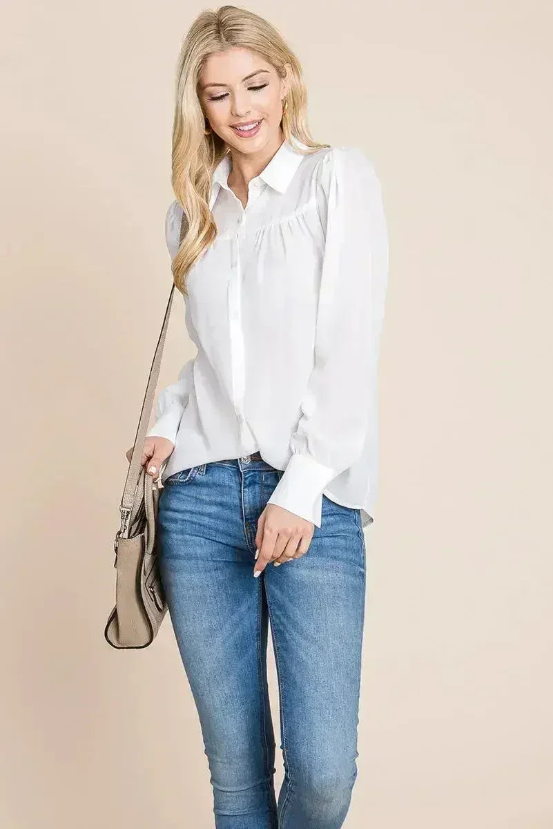 Collared Long Sleeve Pleated Detail Blouse Tops | Femstylo - SJB-DIAMOND ELITES