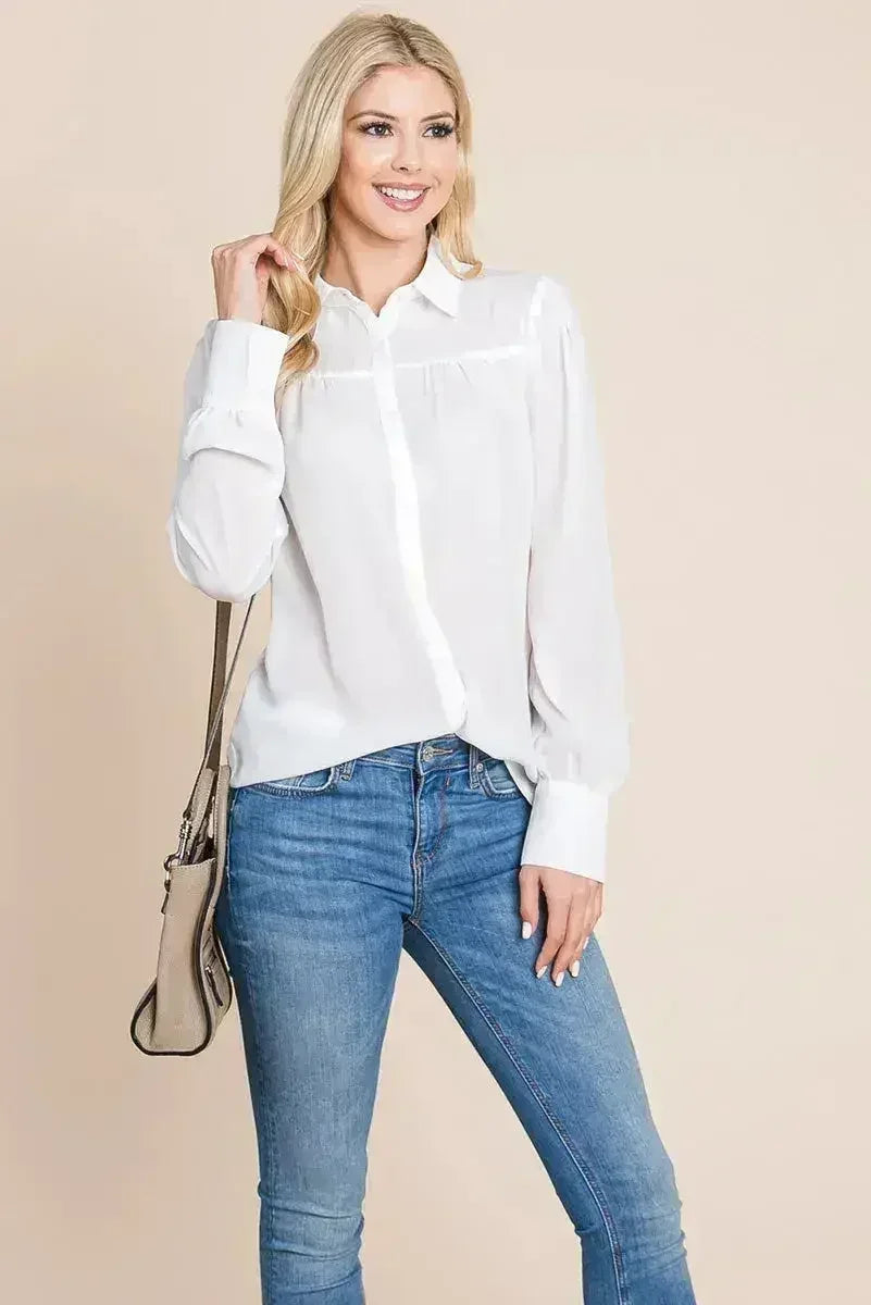 Collared Long Sleeve Pleated Detail Blouse Tops | Femstylo - SJB-DIAMOND ELITES