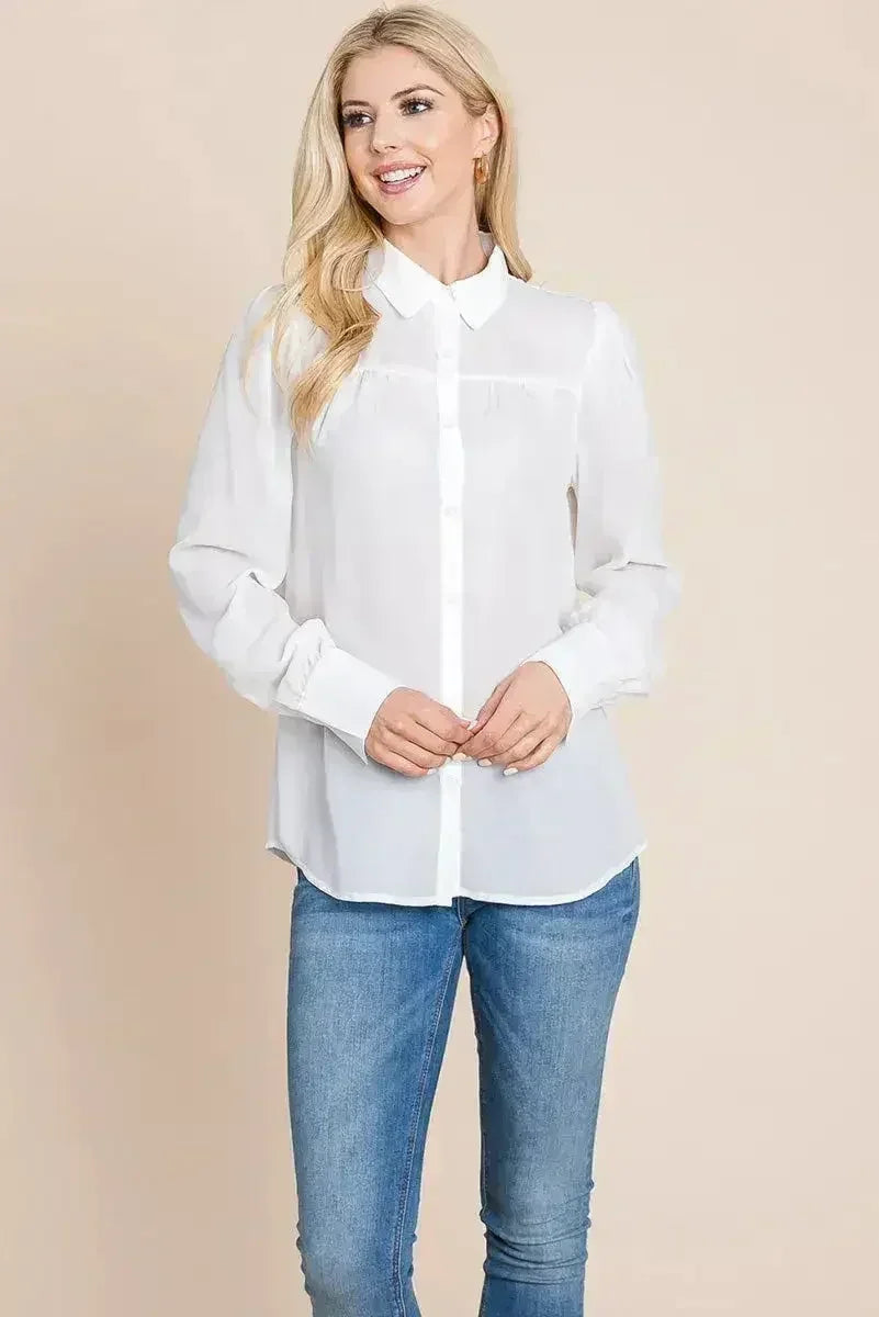 Collared Long Sleeve Pleated Detail Blouse Tops | Femstylo - SJB-DIAMOND ELITES