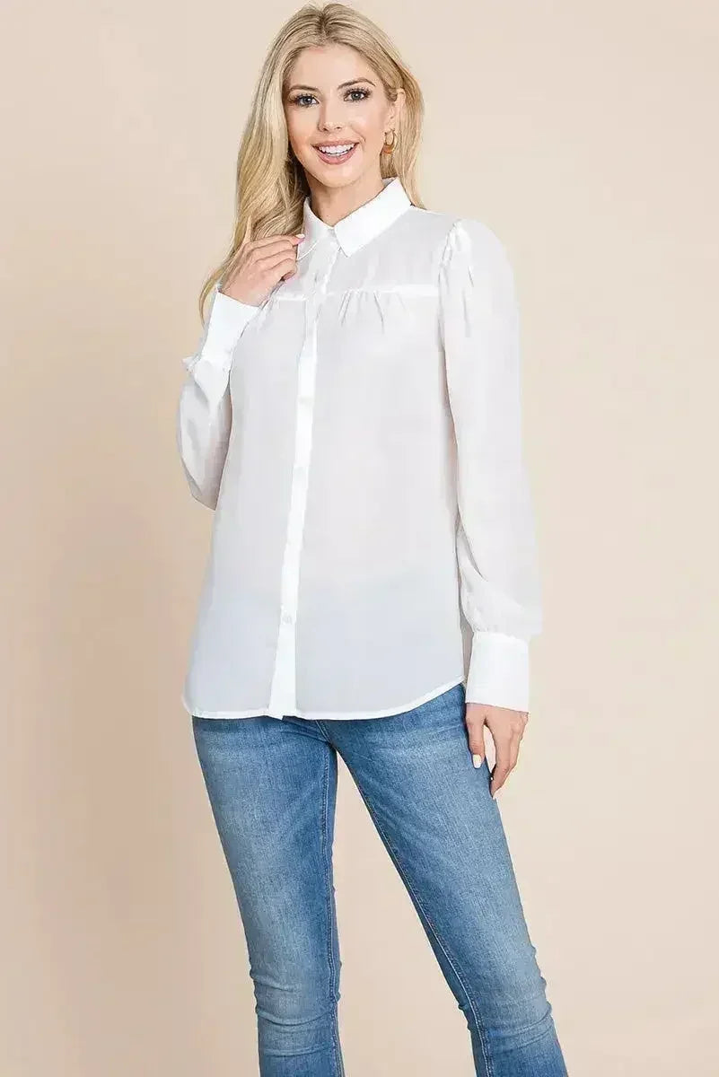 Collared Long Sleeve Pleated Detail Blouse Tops | Femstylo - SJB-DIAMOND ELITES