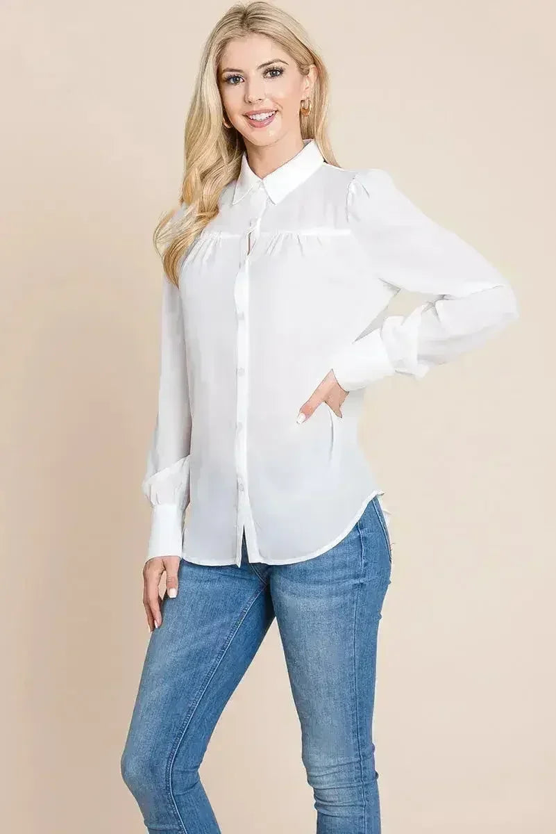 Collared Long Sleeve Pleated Detail Blouse Tops | Femstylo - SJB-DIAMOND ELITES