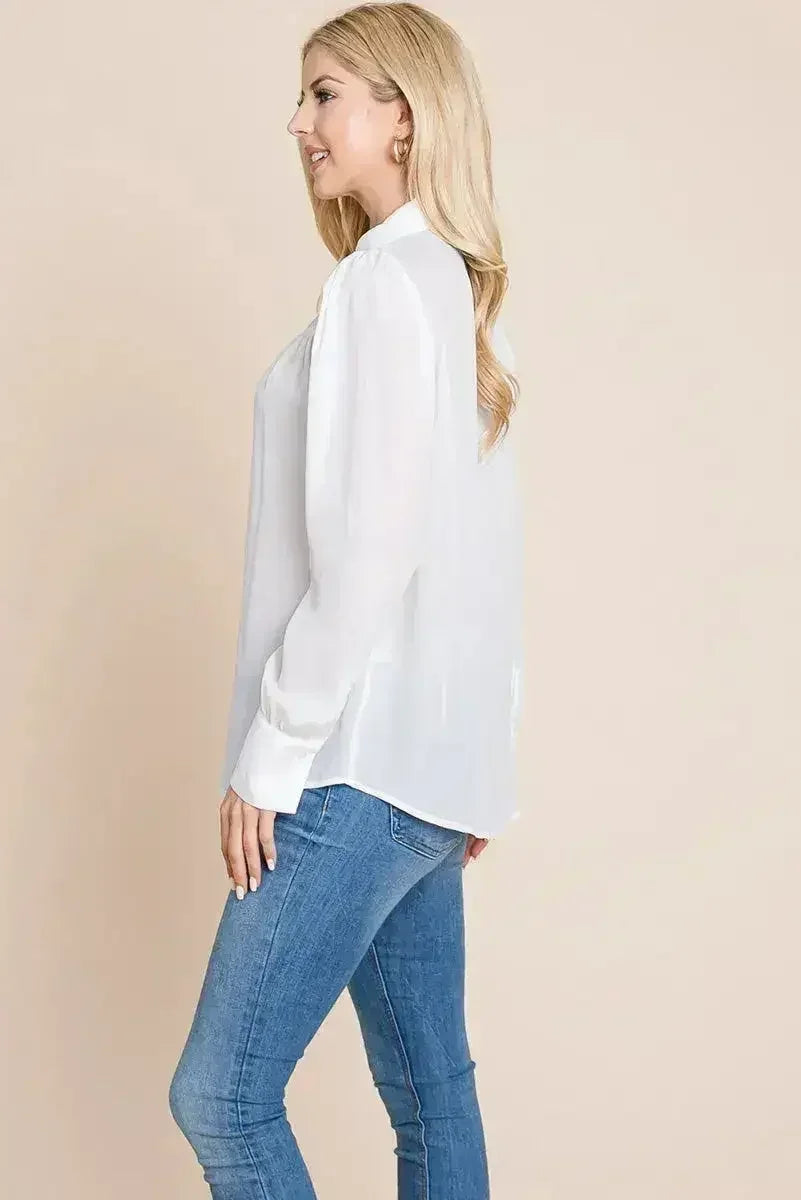 Collared Long Sleeve Pleated Detail Blouse Tops | Femstylo - SJB-DIAMOND ELITES