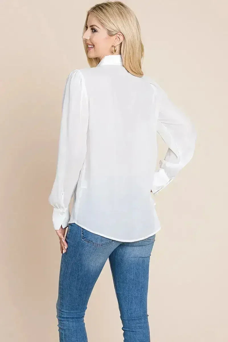 Collared Long Sleeve Pleated Detail Blouse Tops | Femstylo - SJB-DIAMOND ELITES