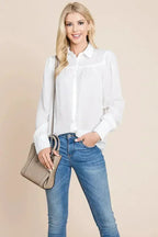 Collared Long Sleeve Pleated Detail Blouse Tops | Femstylo - SJB-DIAMOND ELITES