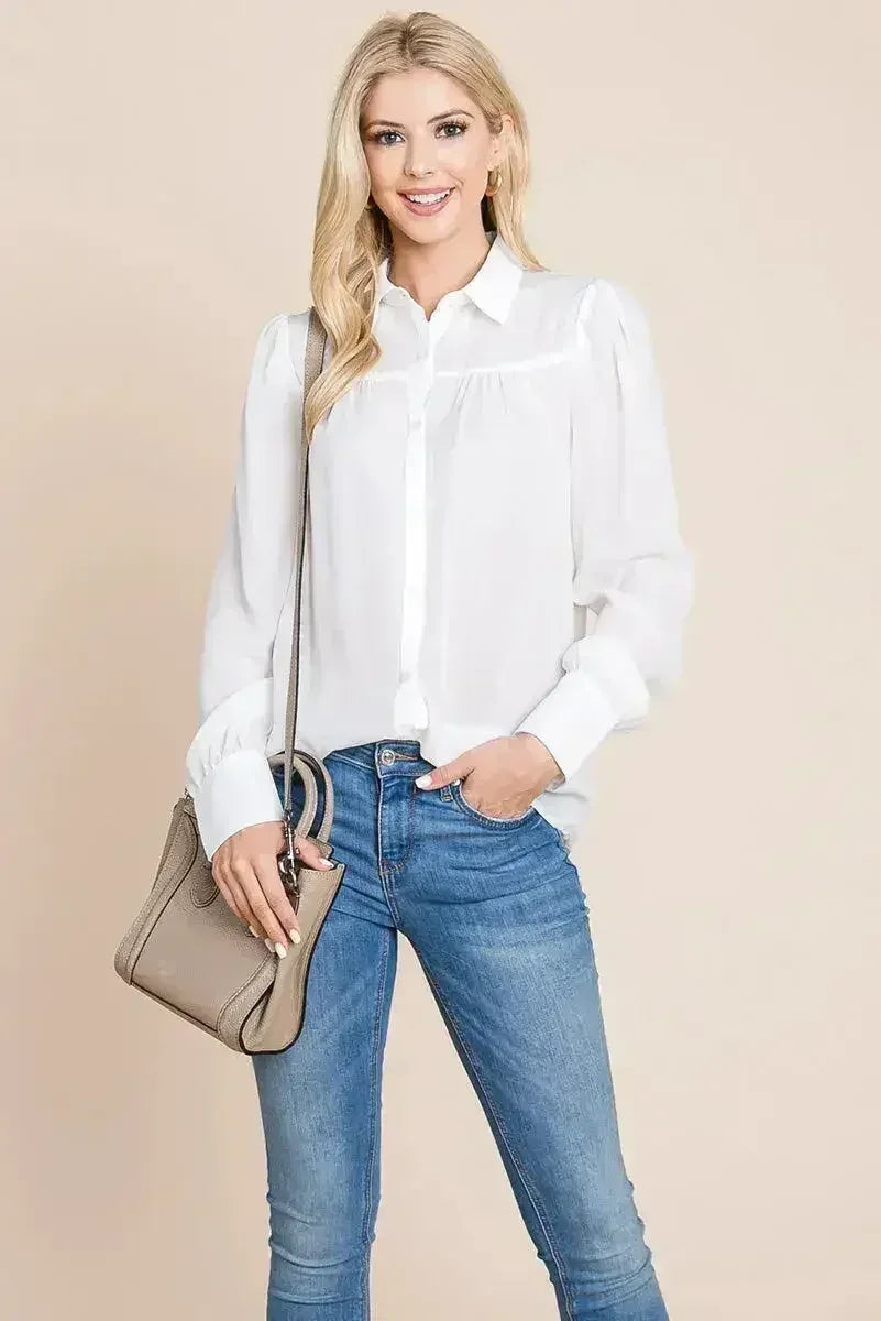 Collared Long Sleeve Pleated Detail Blouse Tops | Femstylo - SJB-DIAMOND ELITES