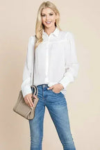 Collared Long Sleeve Pleated Detail Blouse Tops | Femstylo - SJB-DIAMOND ELITES