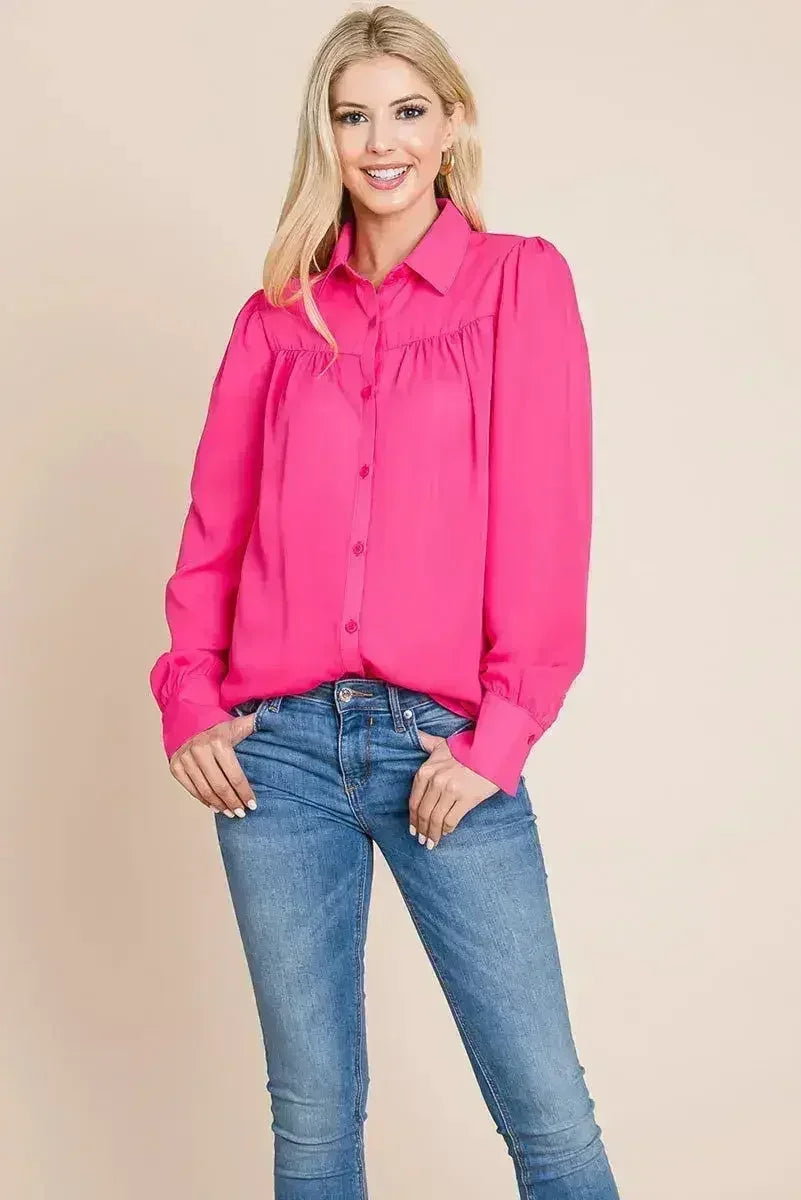 Collared Long Sleeve Pleated Detail Blouse Tops | Femstylo - SJB-DIAMOND ELITES