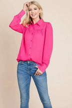 Collared Long Sleeve Pleated Detail Blouse Tops | Femstylo - SJB-DIAMOND ELITES