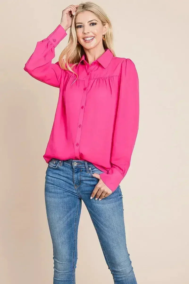 Collared Long Sleeve Pleated Detail Blouse Tops | Femstylo - SJB-DIAMOND ELITES