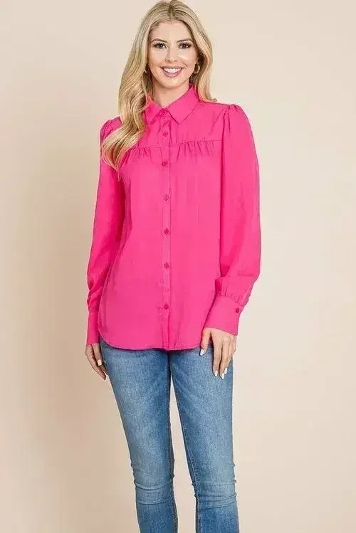 Collared Long Sleeve Pleated Detail Blouse Tops | Femstylo - SJB-DIAMOND ELITES