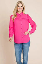 Collared Long Sleeve Pleated Detail Blouse Tops | Femstylo - SJB-DIAMOND ELITES
