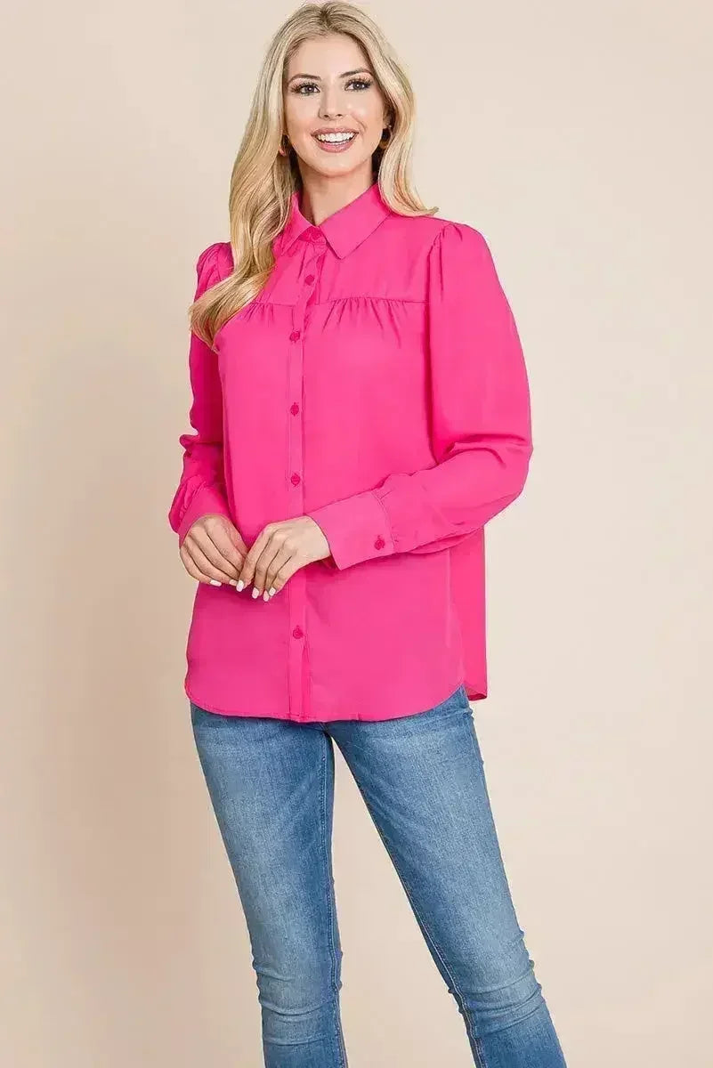 Collared Long Sleeve Pleated Detail Blouse Tops | Femstylo - SJB-DIAMOND ELITES