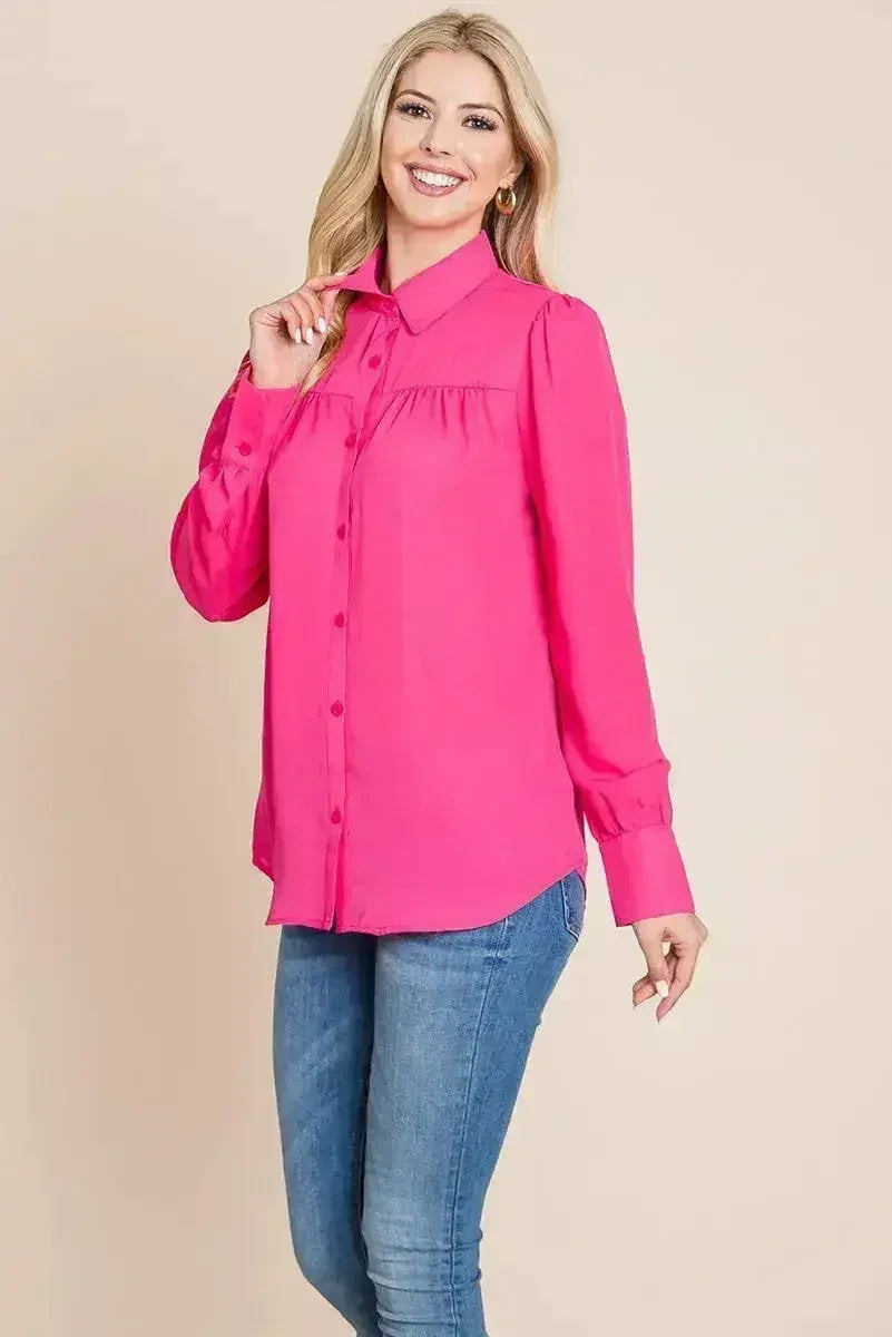 Collared Long Sleeve Pleated Detail Blouse Tops | Femstylo - SJB-DIAMOND ELITES
