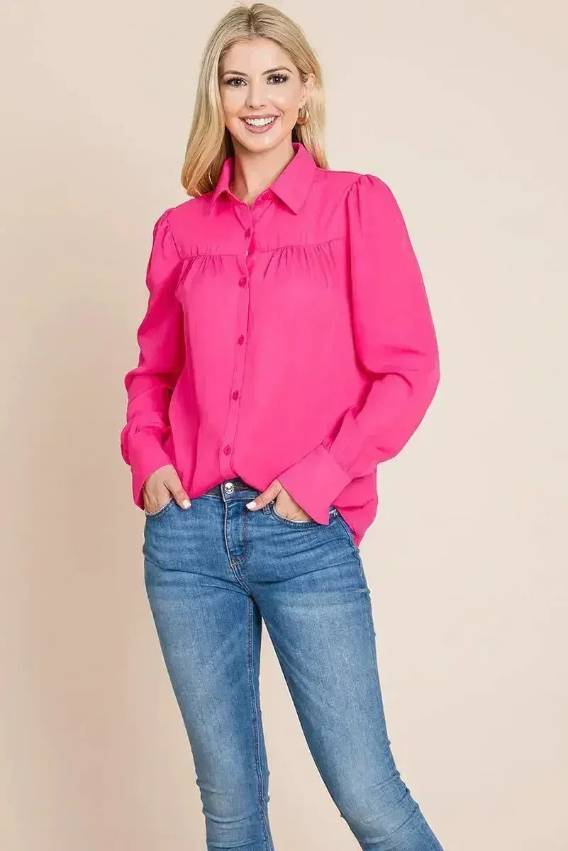 Collared Long Sleeve Pleated Detail Blouse Tops | Femstylo - SJB-DIAMOND ELITES