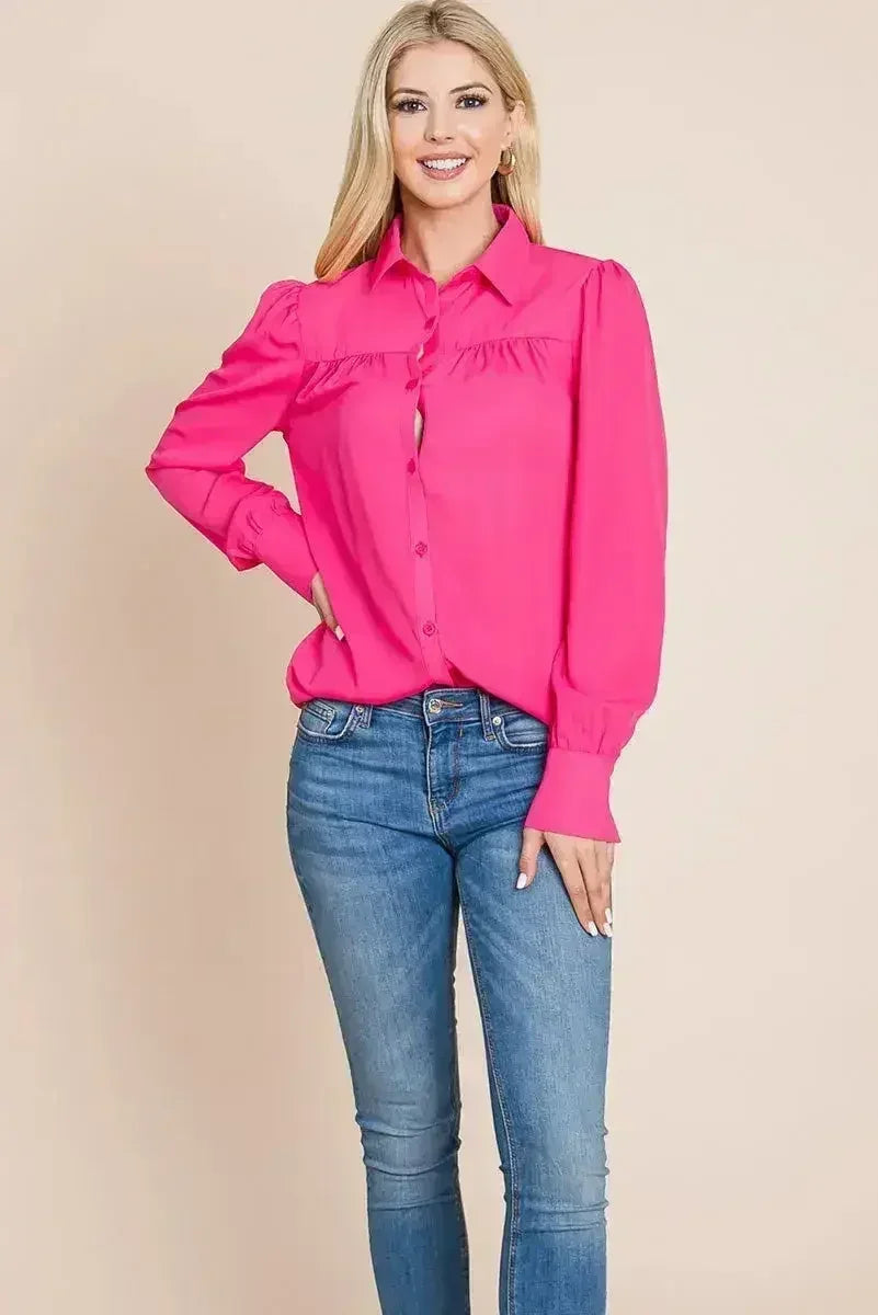 Collared Long Sleeve Pleated Detail Blouse Tops | Femstylo - SJB-DIAMOND ELITES