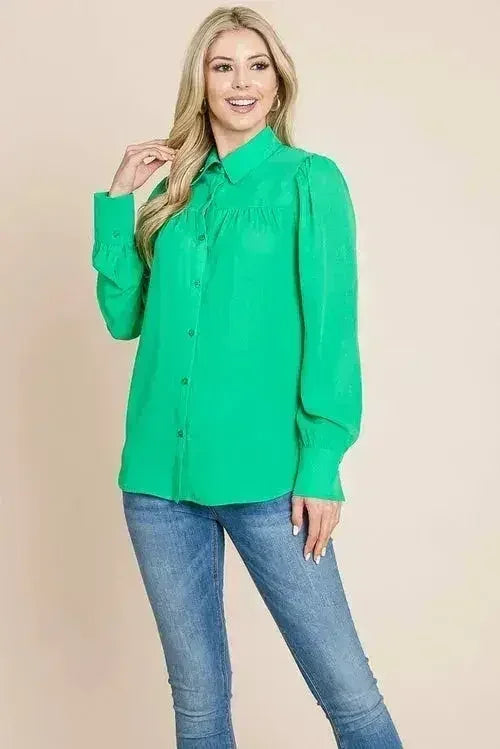 Collared Long Sleeve Pleated Detail Blouse Tops | Femstylo - SJB-DIAMOND ELITES