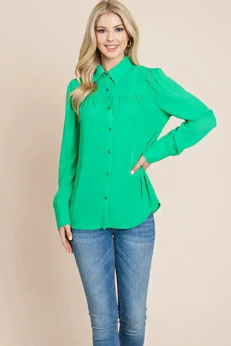 Collared Long Sleeve Pleated Detail Blouse Tops | Femstylo - SJB-DIAMOND ELITES