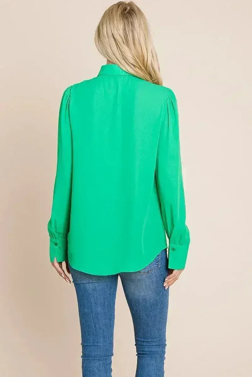 Collared Long Sleeve Pleated Detail Blouse Tops | Femstylo - SJB-DIAMOND ELITES