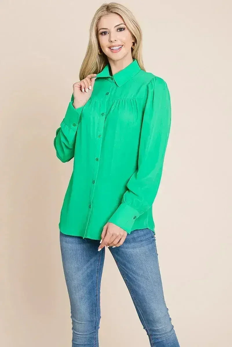 Collared Long Sleeve Pleated Detail Blouse Tops | Femstylo - SJB-DIAMOND ELITES