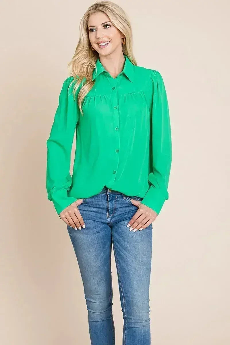 Collared Long Sleeve Pleated Detail Blouse Tops | Femstylo - SJB-DIAMOND ELITES