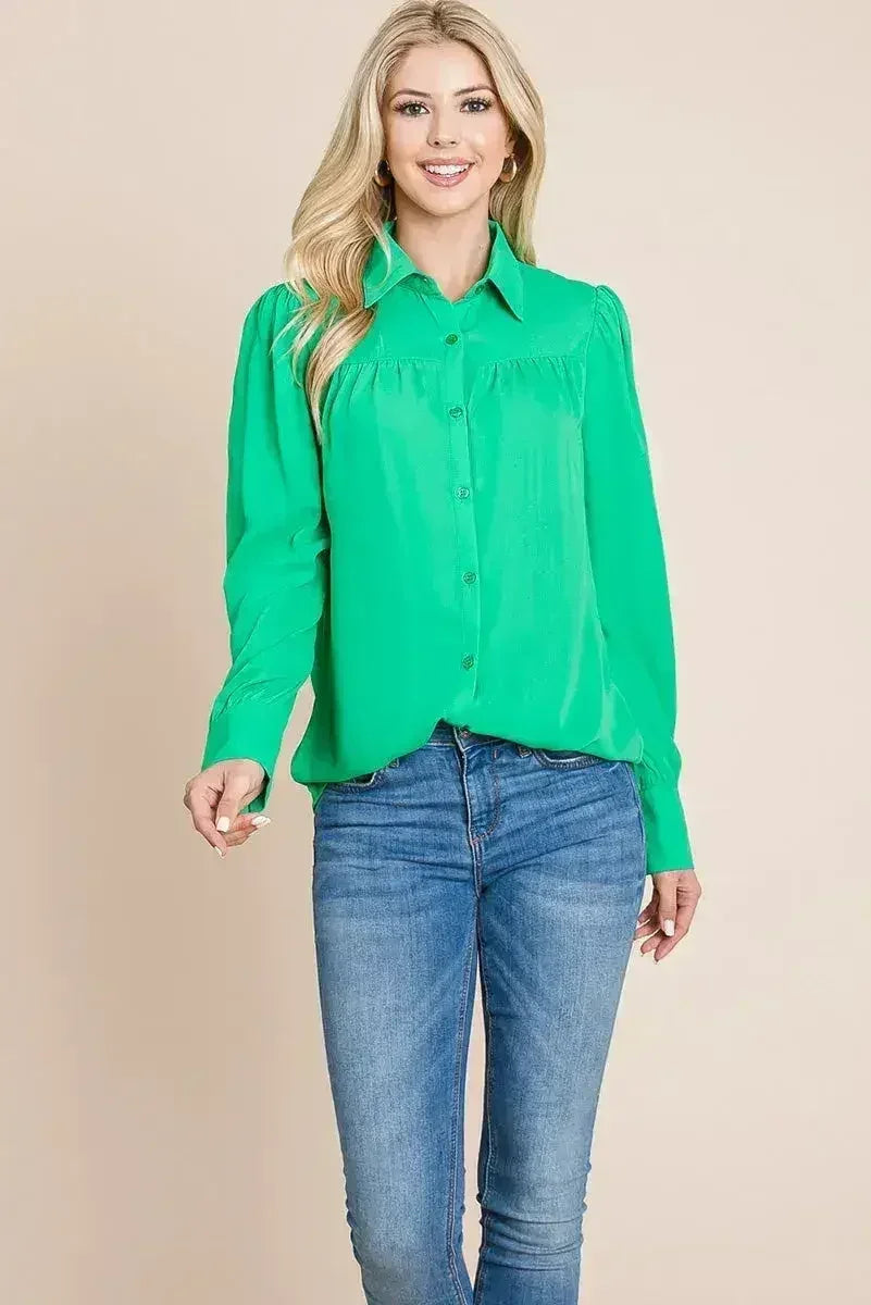 Collared Long Sleeve Pleated Detail Blouse Tops | Femstylo - SJB-DIAMOND ELITES