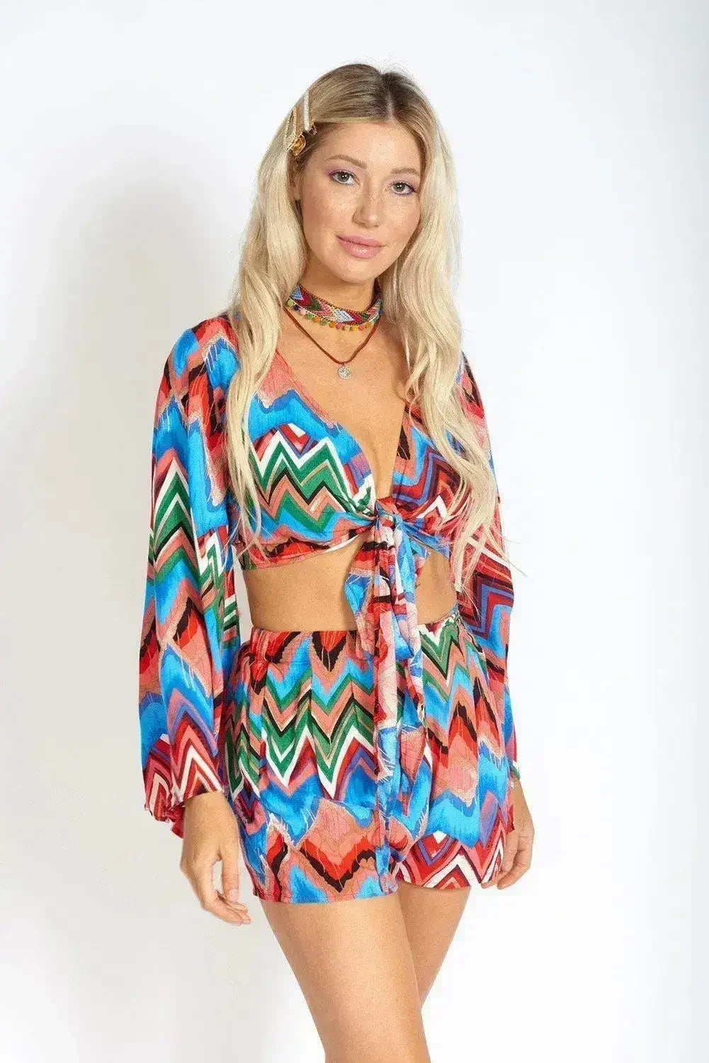 Rainbow Waves Bohemian Front Tying Crop Top - SJB-DIAMOND ELITES