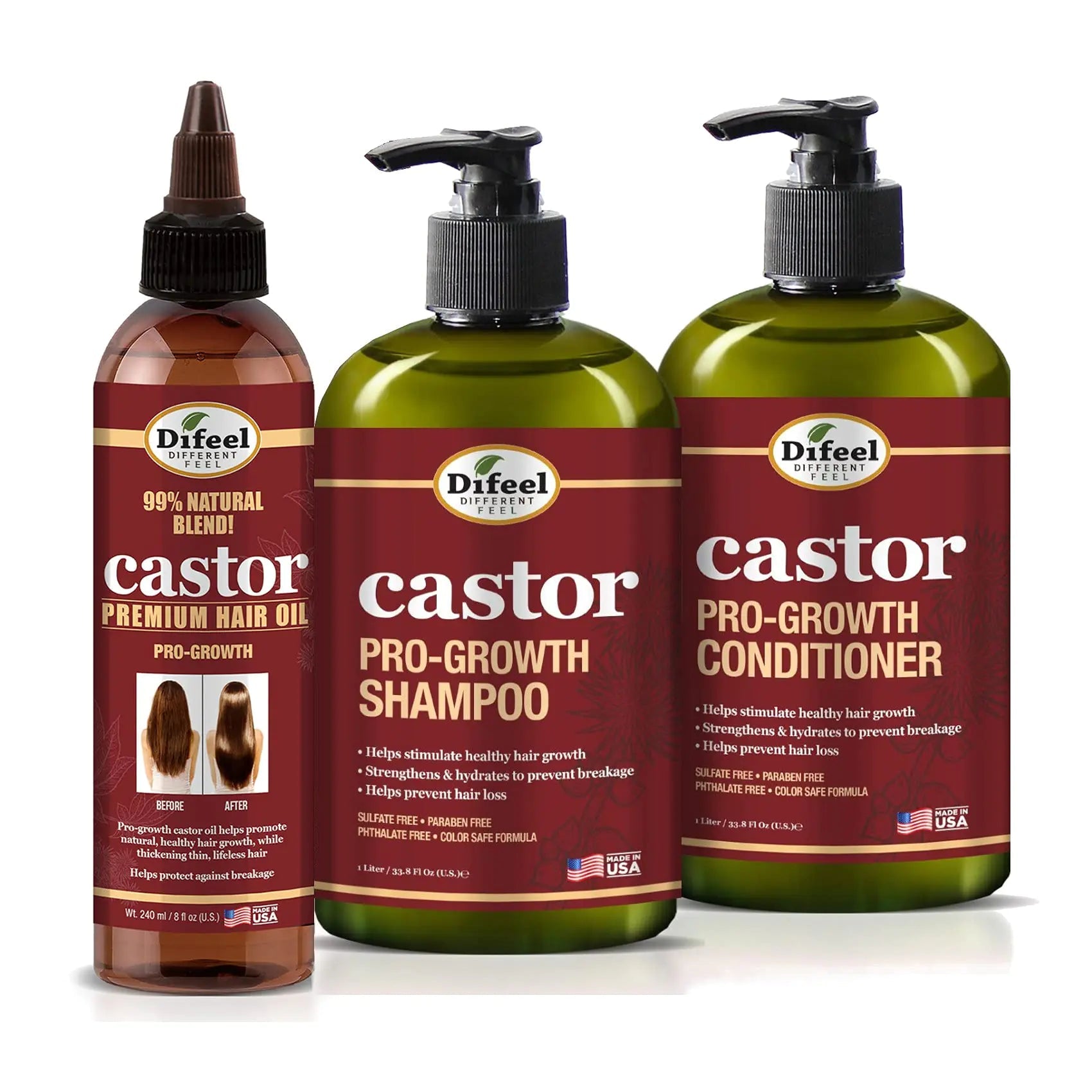 Difeel Pro-Growth Hair Care Set with Castor Oil - 3-PC Style: Shampoo & Conditioner 12oz EACH & Hair Oil 8oz Lootquake LLC