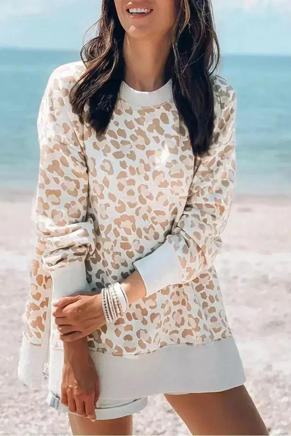 Round Neck Long Sleeve Apricot Leopard Print Loose Fit Sweatshirt - SJB-DIAMOND ELITES