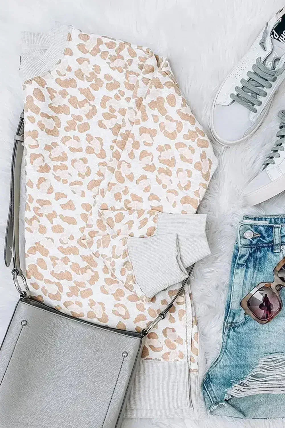 Round Neck Long Sleeve Apricot Leopard Print Loose Fit Sweatshirt - SJB-DIAMOND ELITES
