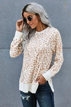 Round Neck Long Sleeve Apricot Leopard Print Loose Fit Sweatshirt - SJB-DIAMOND ELITES