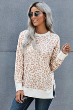 Round Neck Long Sleeve Apricot Leopard Print Loose Fit Sweatshirt - SJB-DIAMOND ELITES