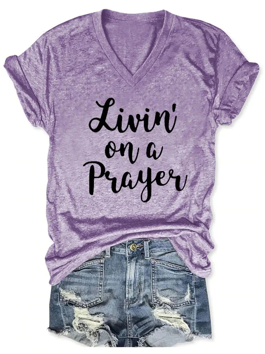Women's Livin' On A Prayer V-Neck Shirt Pi-Mart