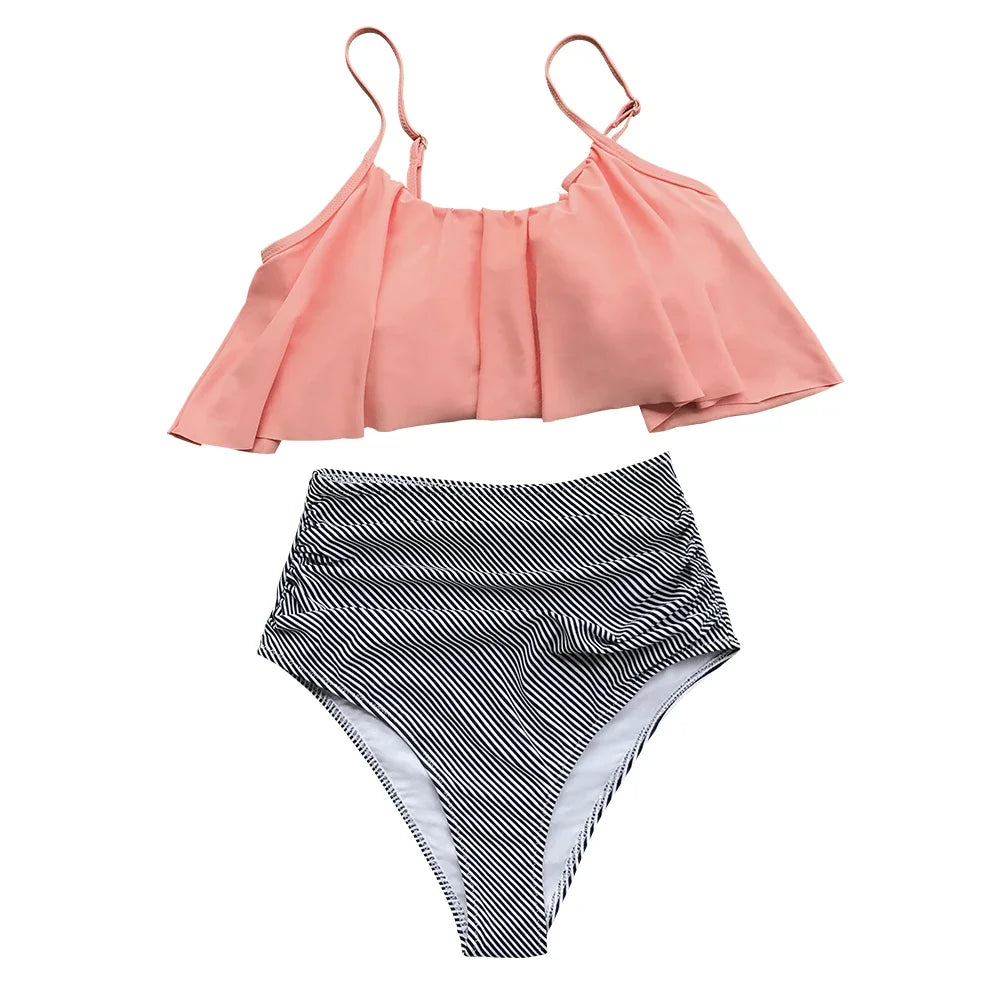 Pink Stripe High Waisted Bikini Set THRIXINE