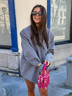 Women's V-Neck Side-Buttoned Suit Jacket Long Sleeve Solid Color Coats Pocket Cuffs Oversize Tops High Street Female Clothes