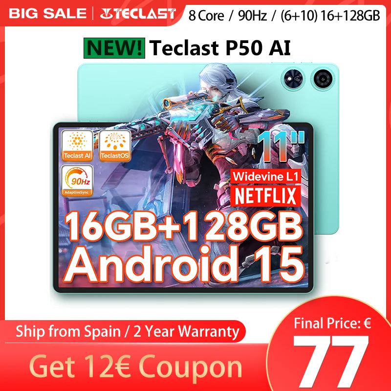 【New】 Android 15 Teclast P50Ai Tablet 11 Inches 90Hz (6Gb+10Gb)Max.16Gbgb Ram 128Gb Lpddr5 1280X800 Allwinner A733-Ai Octa-Core 7000Mah Battery Wifi-6 Bt 5.4 Ai Tablets Pc Lootquake LLC