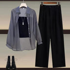 Summer Set Women's 2024 New Style Wear Sunscreen Chiffon Shirt with Slimming Slimming Suit Pants Three Piece Set