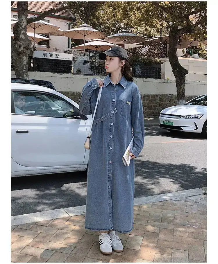 Denim Long Dress 2024 New Fashion Spring Autumn Korean Sweet Cargo LOOSE FIT Full Sleeve Girls Dress All-match