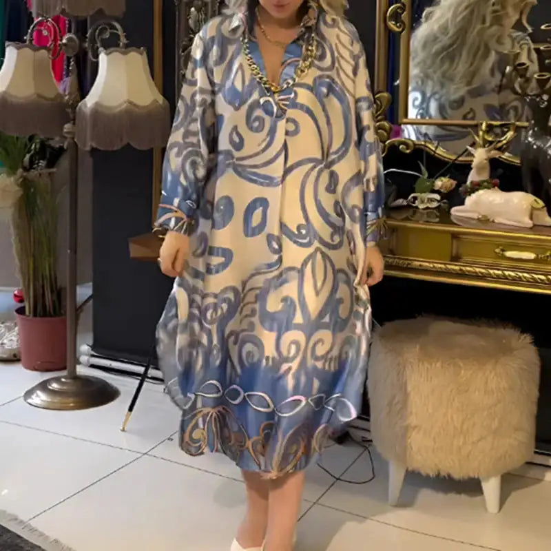 Vintage Fashion Printed V-neck Long Dress Women Spring Long-sleeved Loose Bohemian Dress Autumn Casual A-Line Maxi Dress Vestido