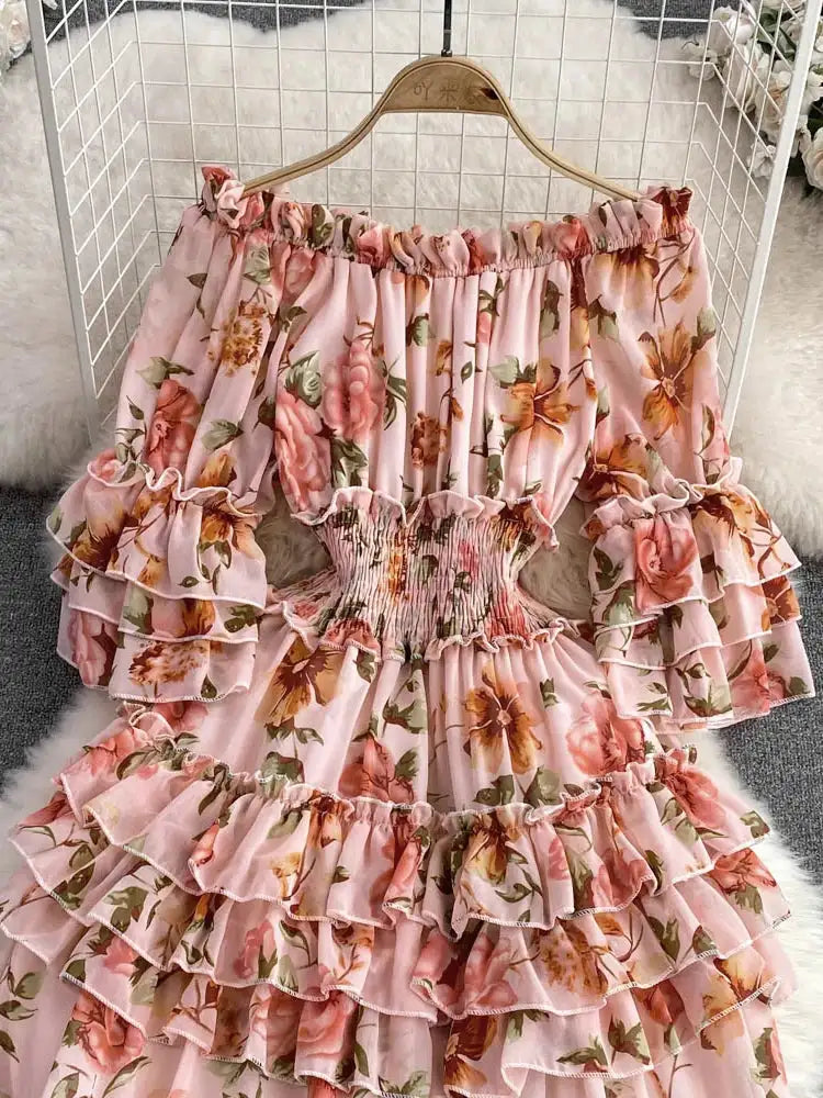 Summer New Off Shoulder  Wrap Waist to Show Thin A-line Fragmented Cake Dress Women's Beach Vacation Chiffon Long Dress GD820