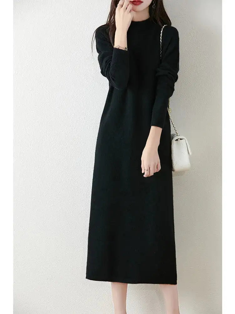 Autumn Winter Women's Wool Long Dress Cashmere Mock Neck Pullover Sweater 100% Merino Wool Soft Knitwear OL Simple Basic Dress Lootquake LLC
